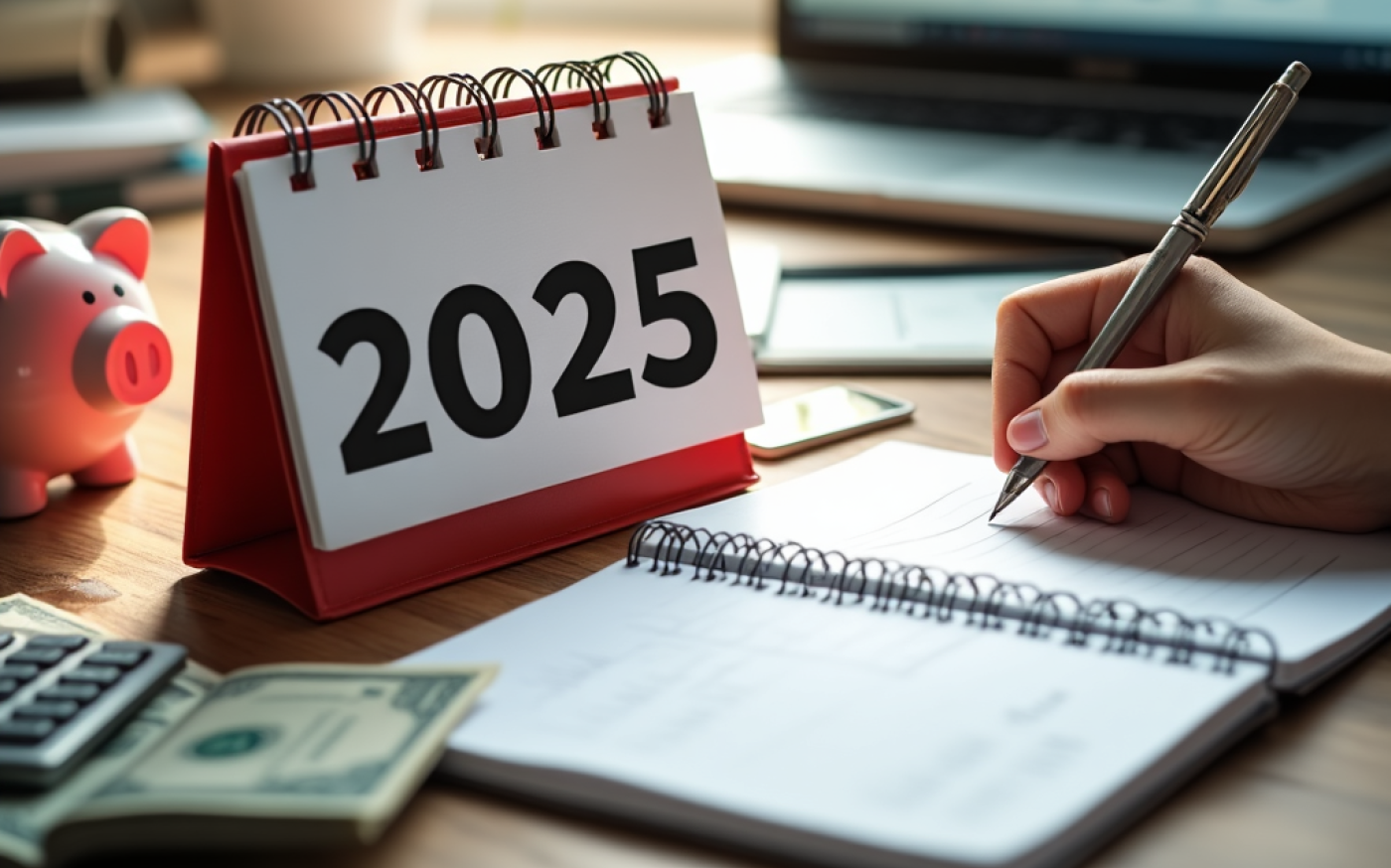 2025 calendar with money, calculator, notepad, and laptop in background