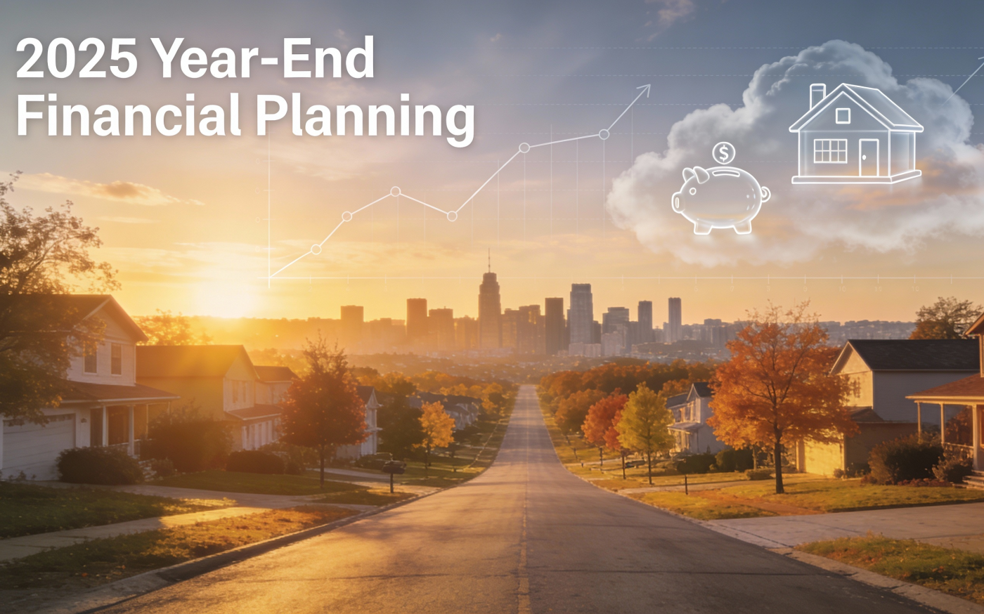 A calm sunrise over city and suburb, symbolizing 2025 year-end financial planning and a clear path toward stronger finances in 2026.