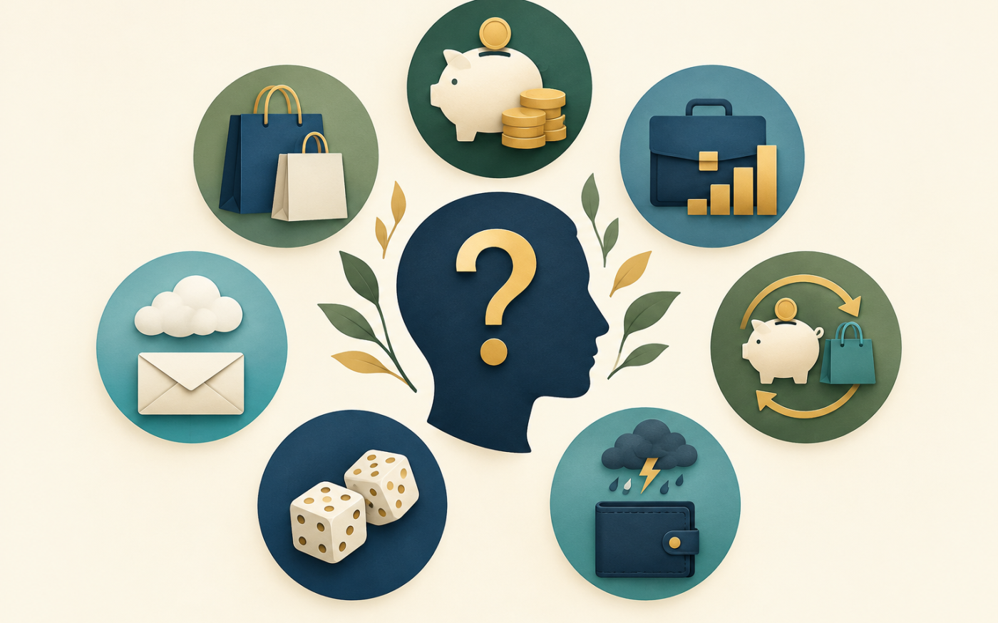  Illustration of seven money personalities surrounding a head silhouette, representing saving, spending, earning, indifference, splurging, gambling, and financial worry.