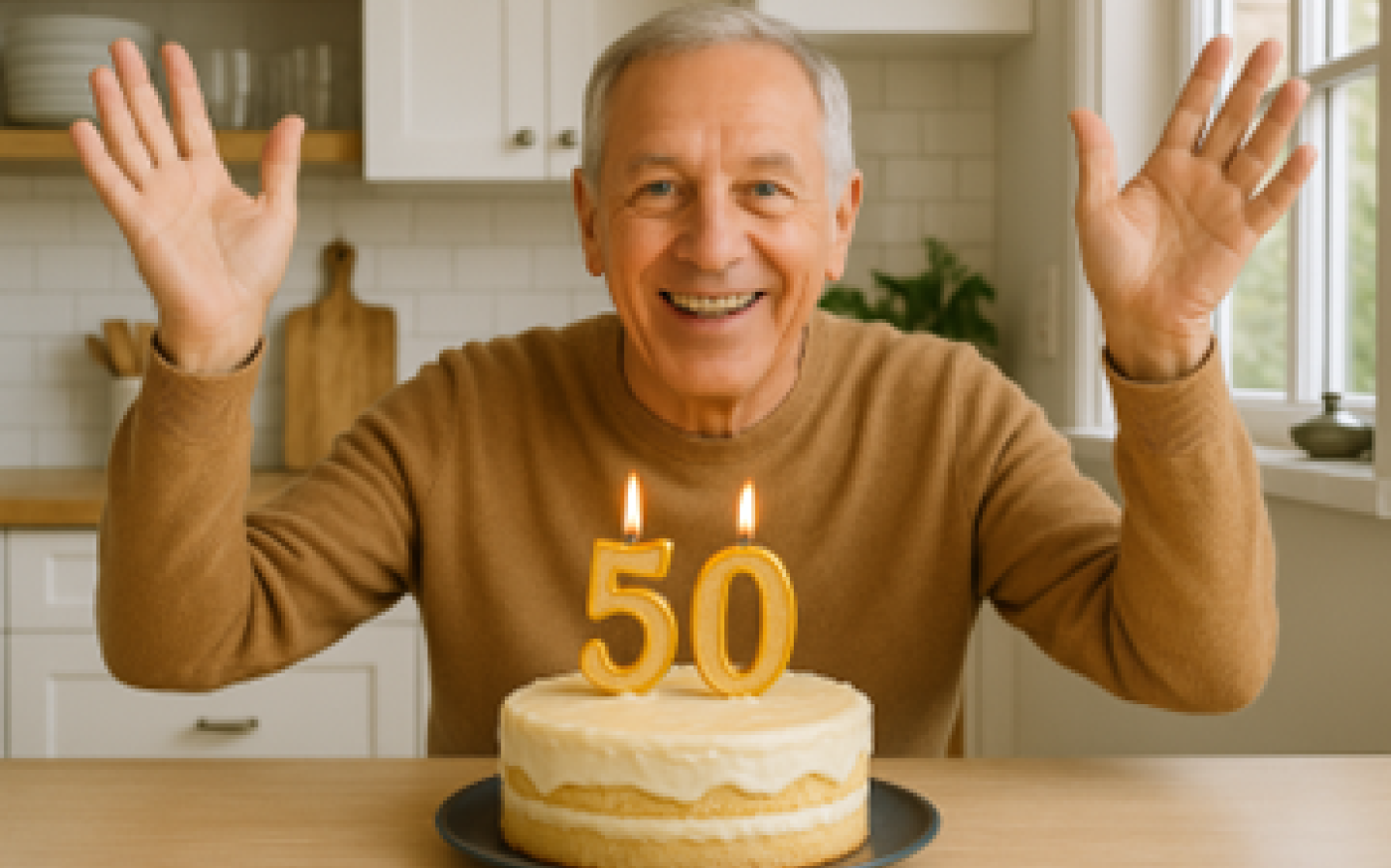 Man celebrates behind a birthday cake with "50" candles, symbolizing the start of important retirement planning milestones.
