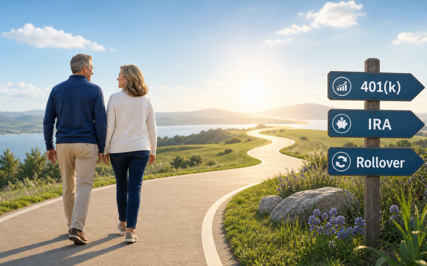 Couple holding hands on a sunset shoreline, walking past a wooden post with three directional arrows labeled 401(k), IRA, and Rollover.
