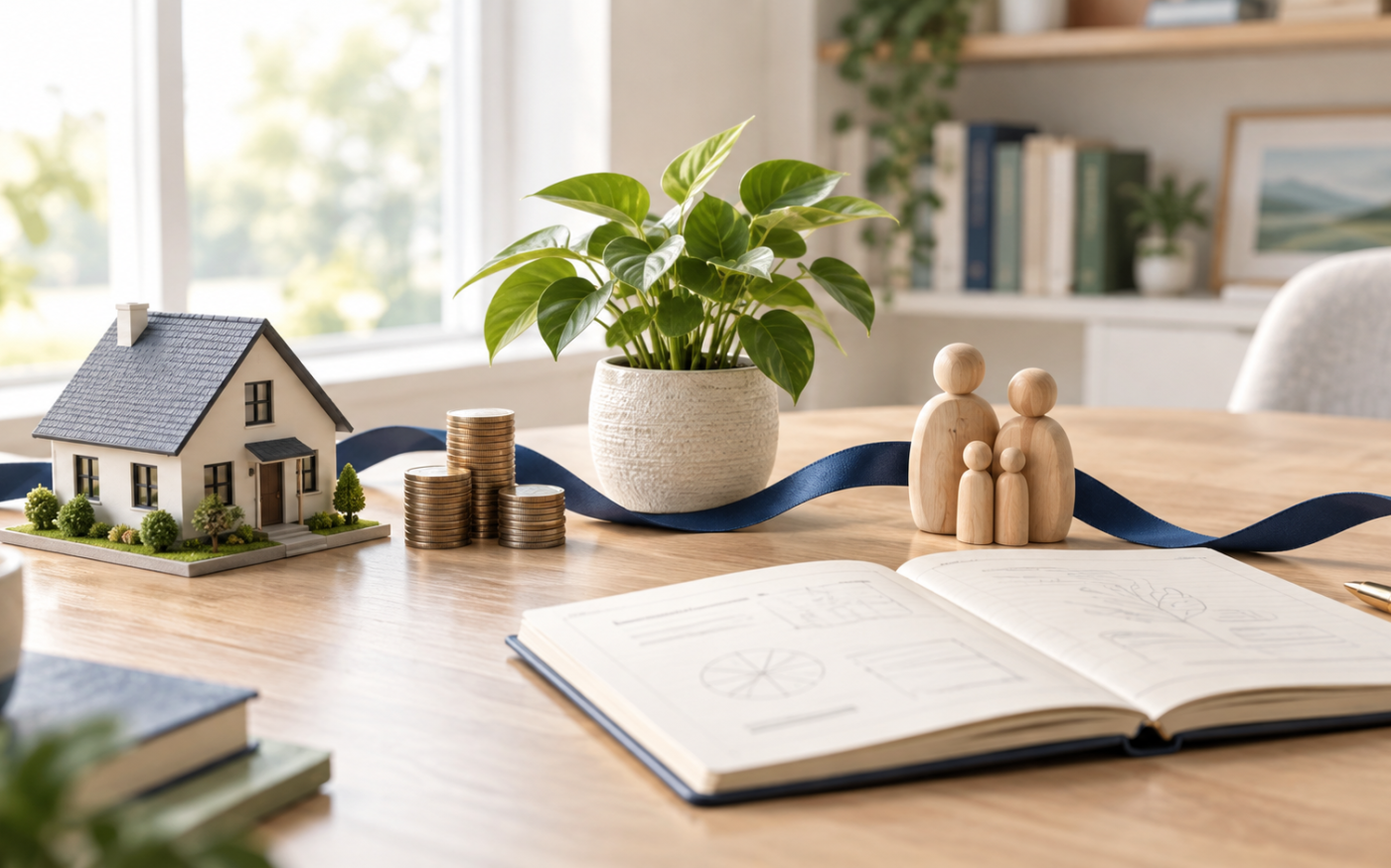 Comprehensive financial planning concept with a model home, family figurines, savings, and a growing plant connected on a desk.