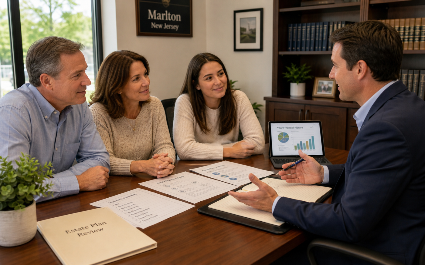 Middle-aged couple and adult daughter reviewing their estate plan with a financial planner in a modern South Jersey office, illustrating coordinated estate and financial planning.