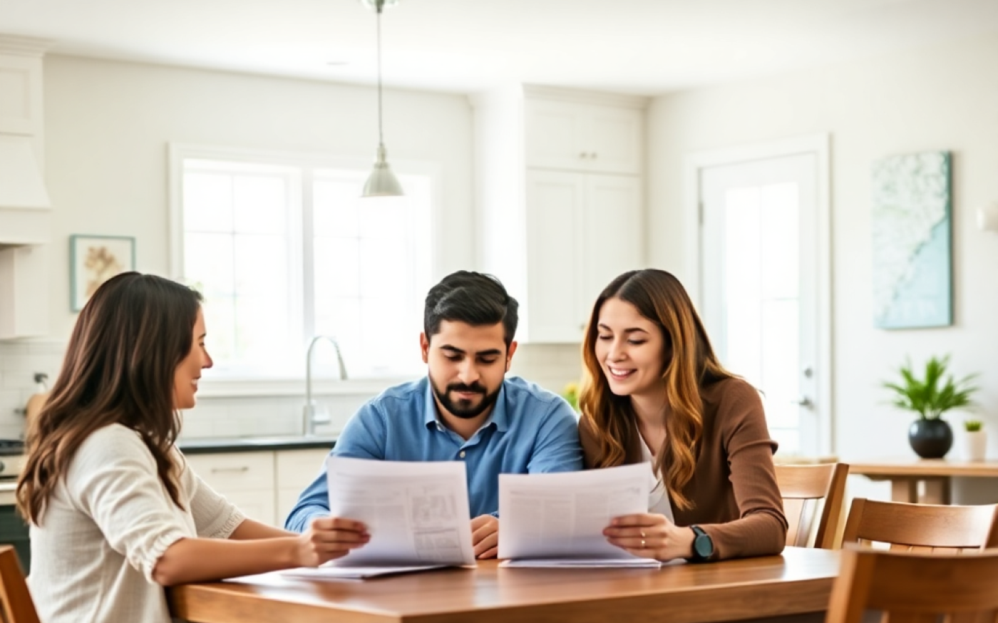 A professional, warm scene of a young couple sitting at a kitchen table in a modern Marlton, NJ home, reviewing financial documents with a Certified Financial Planner. 
