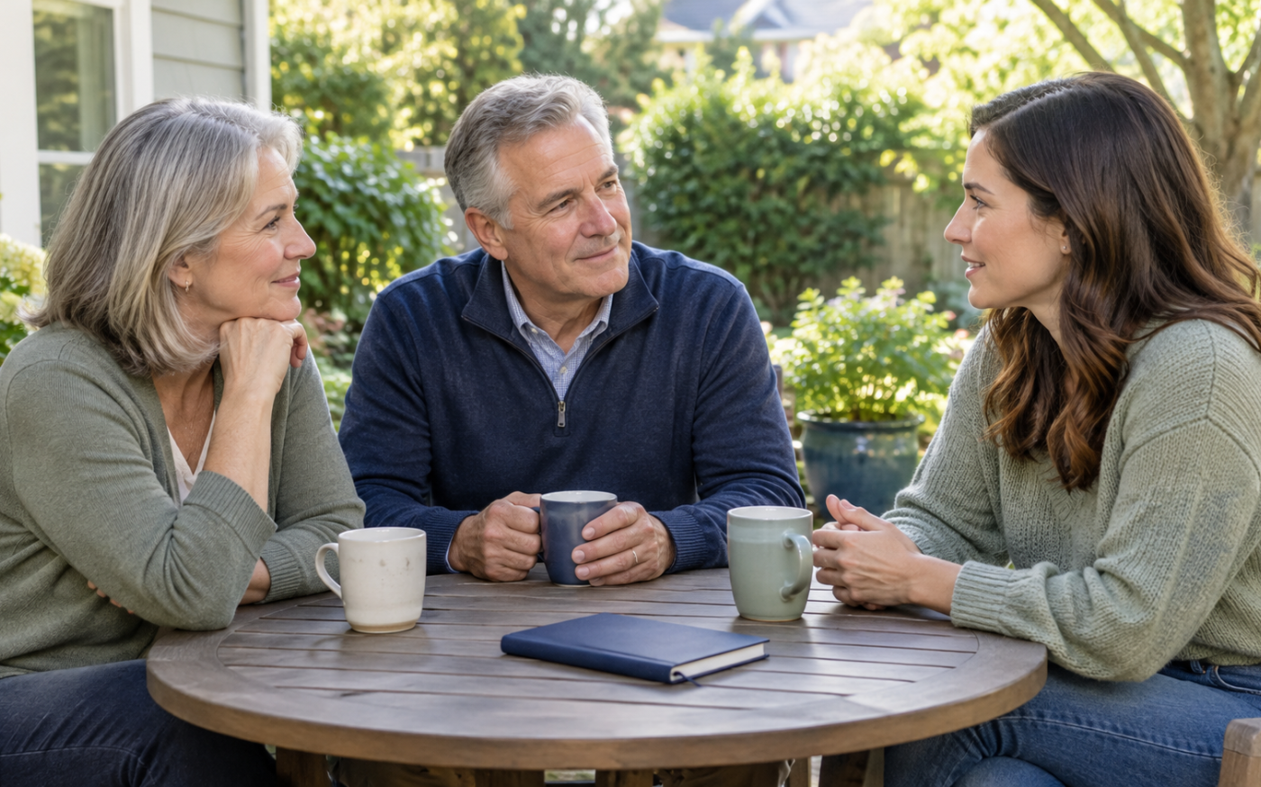 Parents nearing retirement talk with their adult daughter on a patio, illustrating family financial support and retirement planning.