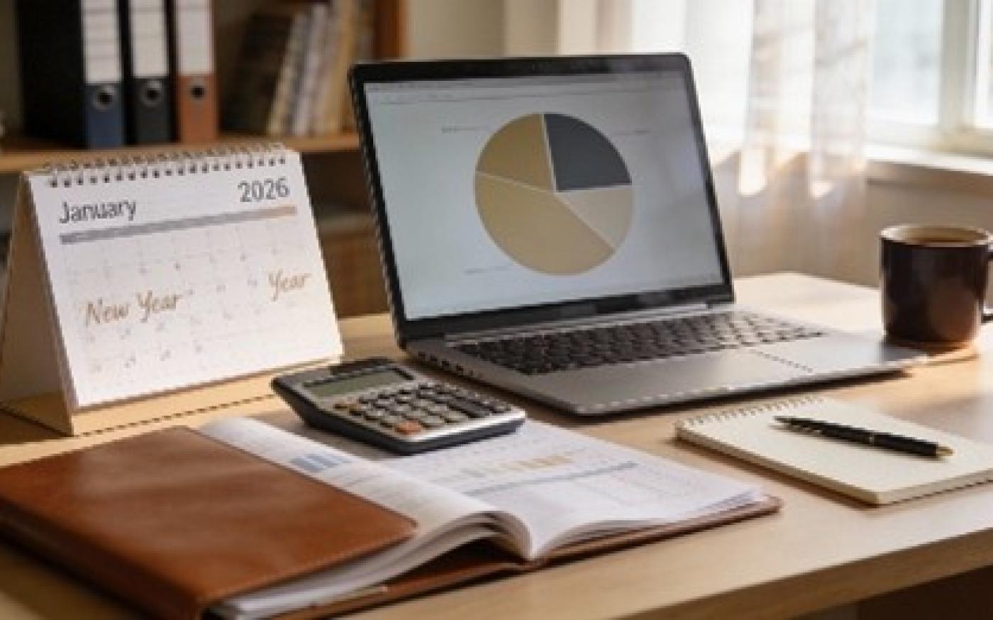 home office desk with computer showing oie chart, calendar, calculator and notebook for creating 2026 financial resolutions