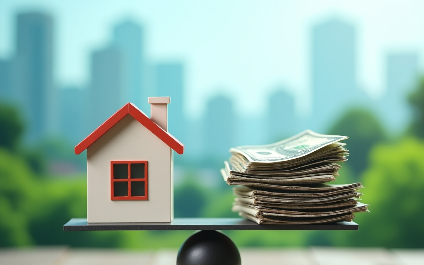balanced scale of a house model and a stack of money and investment documents