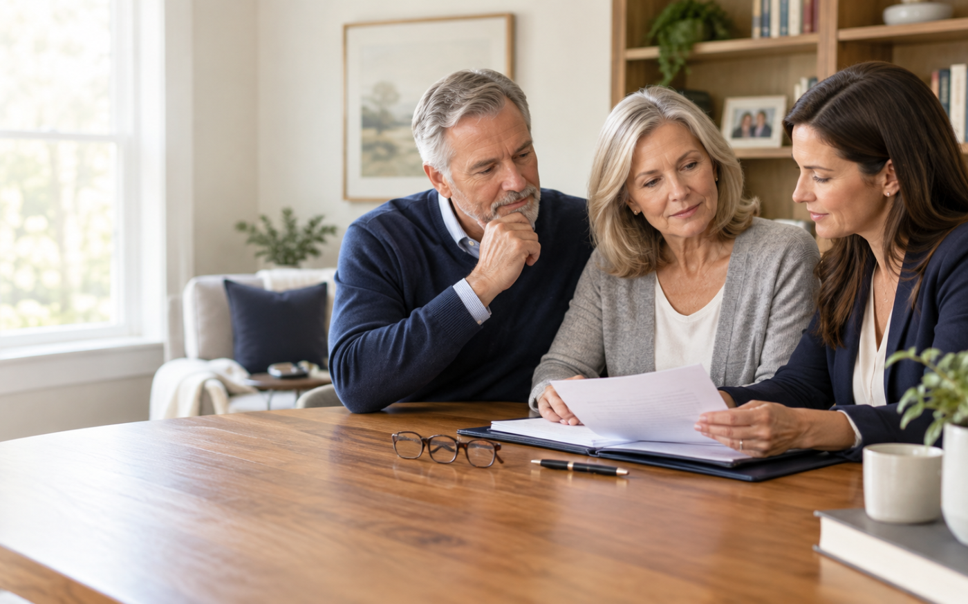 Couple reviewing estate planning documents with an adult daughter while choosing an executor for their will.