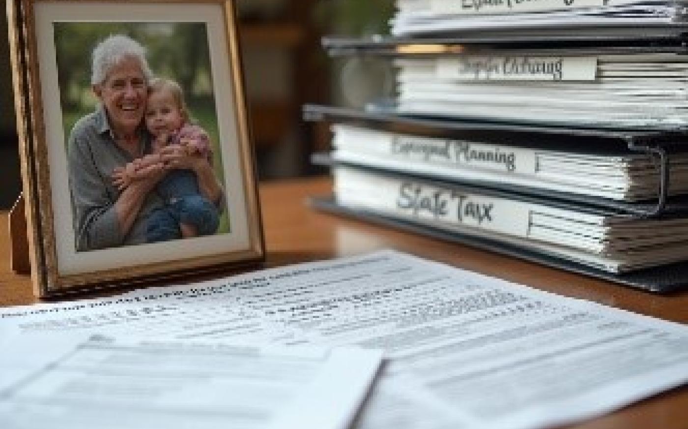 desk displaying inheritance tax planning documents and a framed photo of a grandparent with grandchild, symbolizing legacy planning across generations