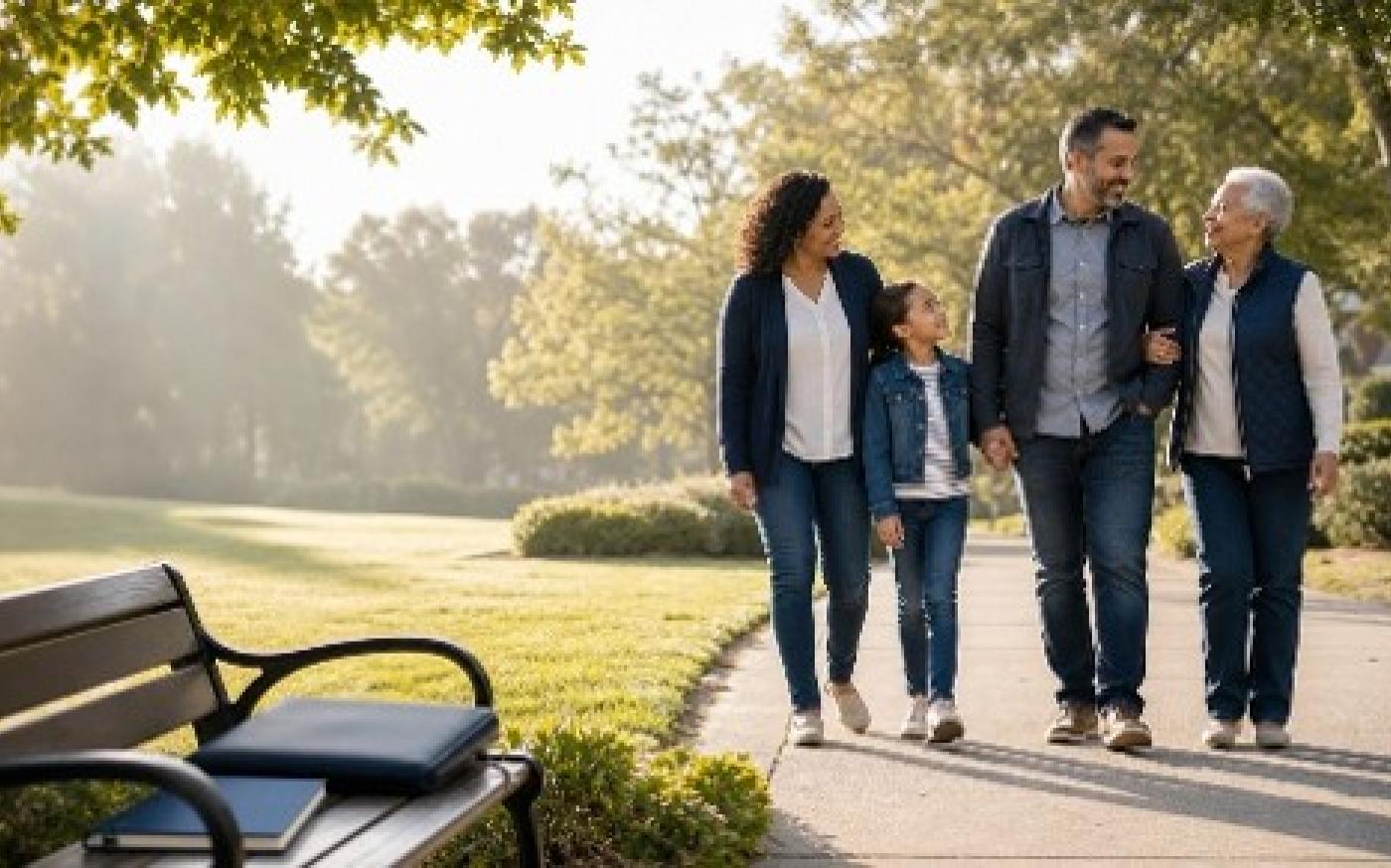 A multigenerational family walking in a sunny suburban park, representing life insurance planning, family protection, and long-term financial security.