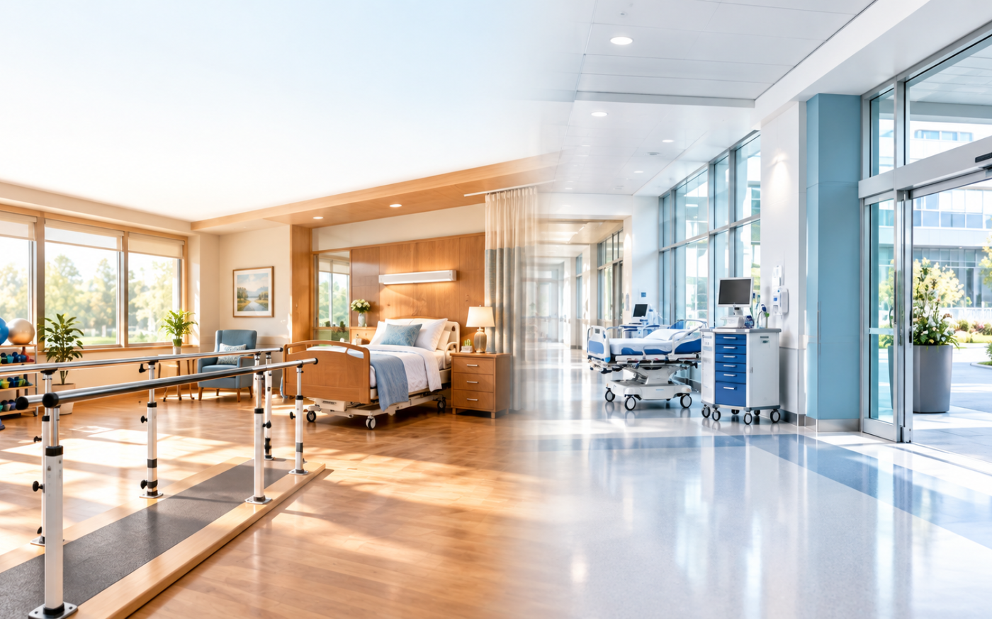 Split image of hospital and rehabilitation care settings for Medicare planning.