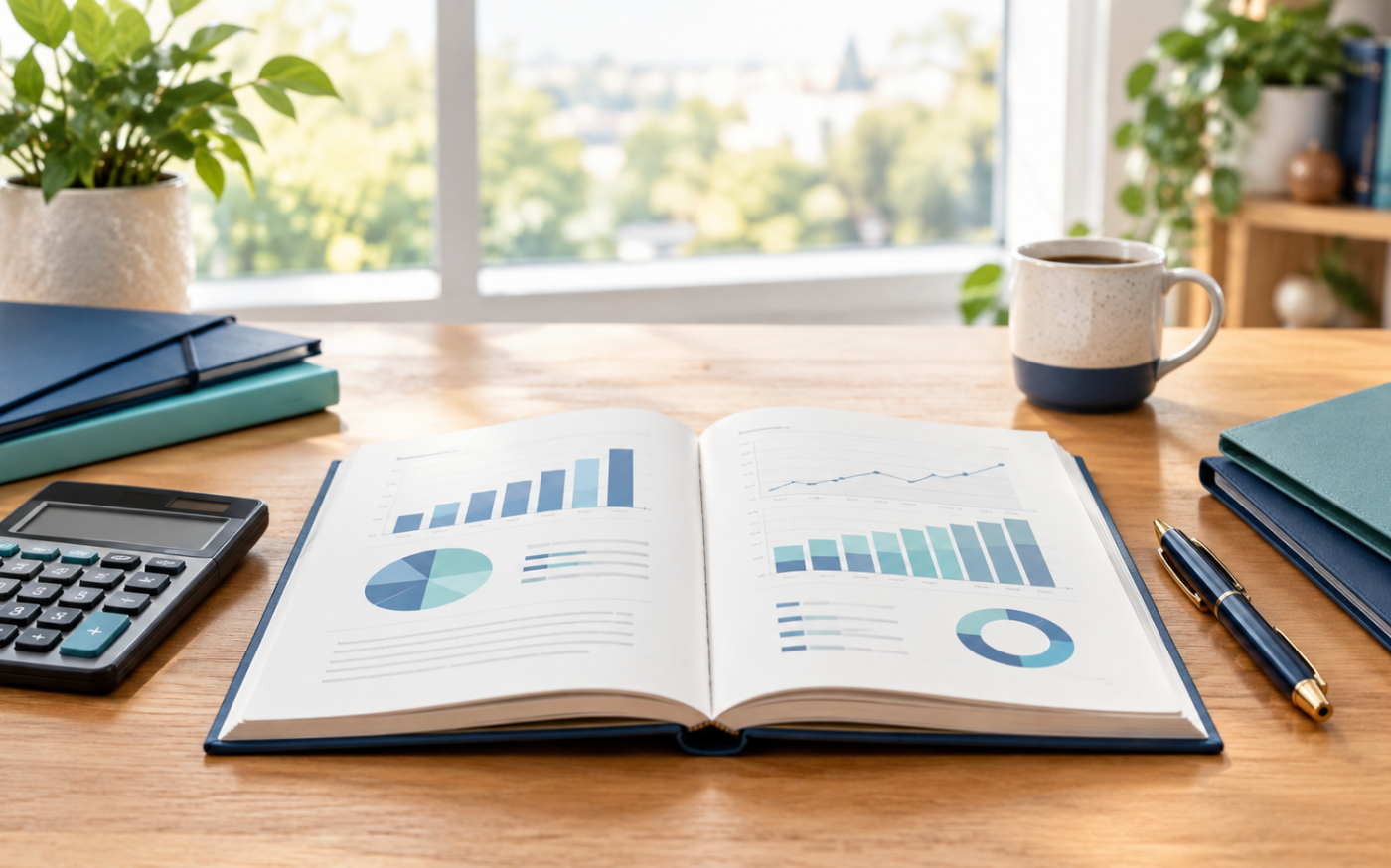 Financial planning notebook, calculator, and folders on an office desk, illustrating financial advisor fees and planning options.