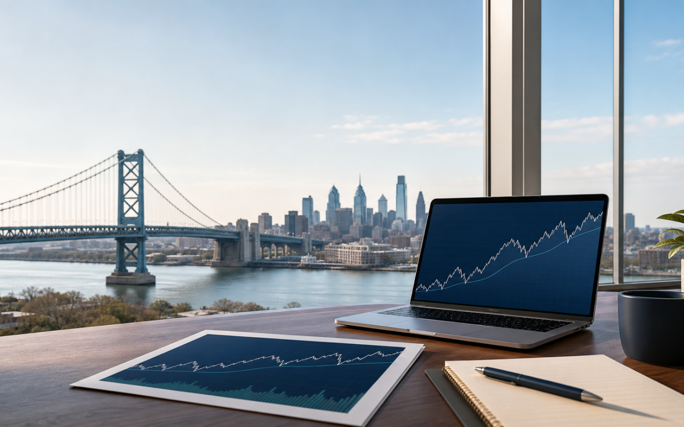 Office desk with rising-and-falling market charts overlooking the Benjamin Franklin Bridge and Philadelphia skyline, representing clients in South Jersey and Philadelphia.