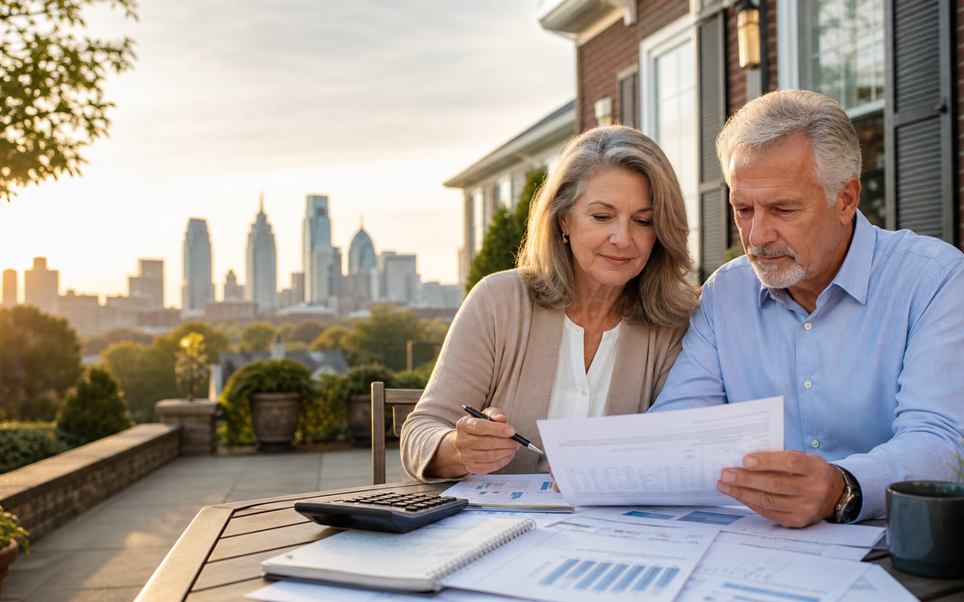 Mature couple reviewing property-tax and retirement-planning documents outside a Philadelphia-area suburban home, with the city skyline in the background.