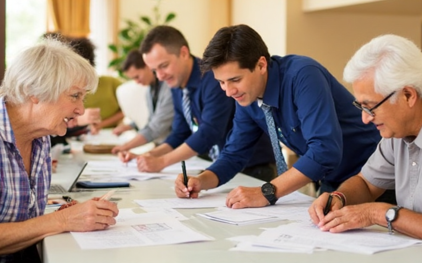 seniors at a table reviewing documents with men in ties