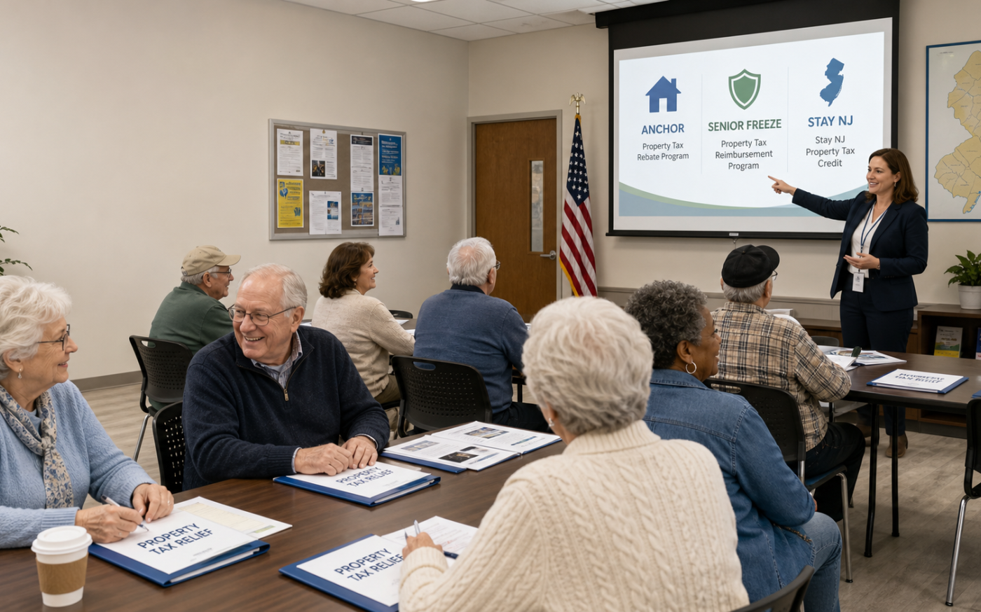 New Jersey seniors at property tax relief filing event learning about ANCHOR, Senior Freeze, and Stay NJ programs.