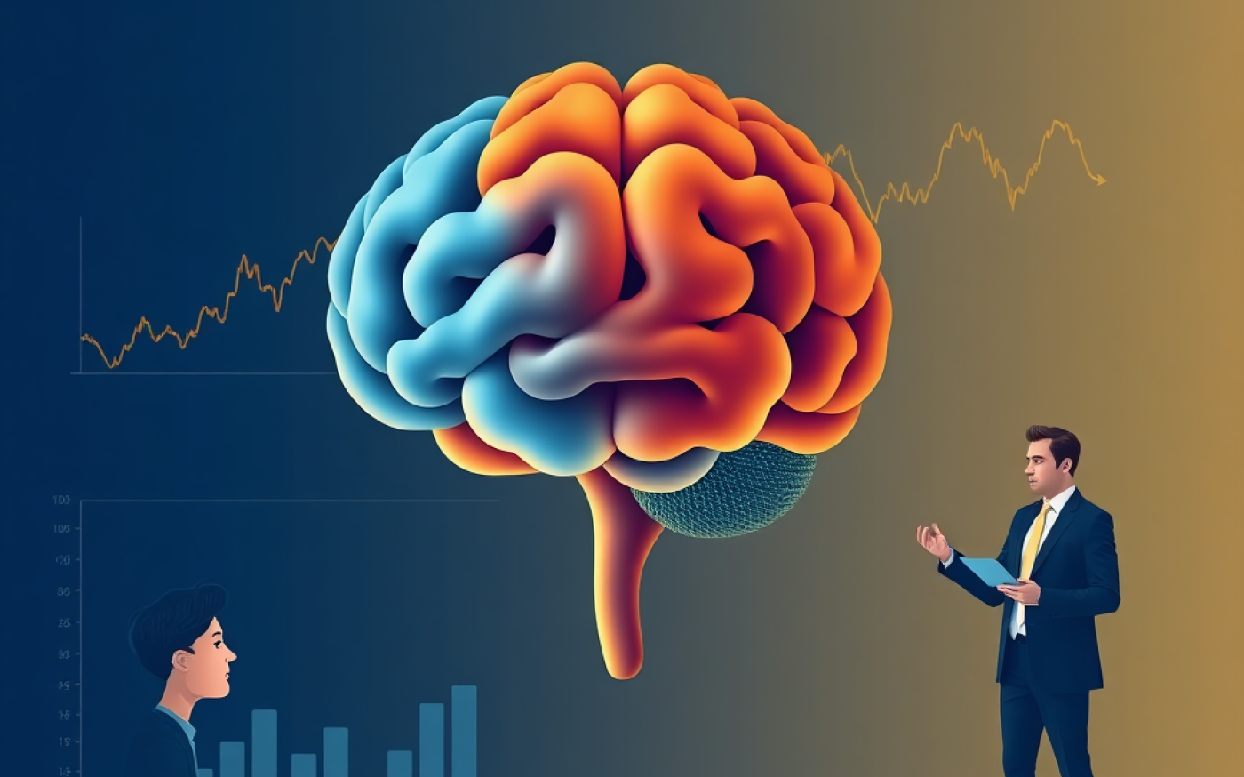 A human brain alongside market charts. A confused investor appears on one side while a professional financial advisor provides guidance on the other.
