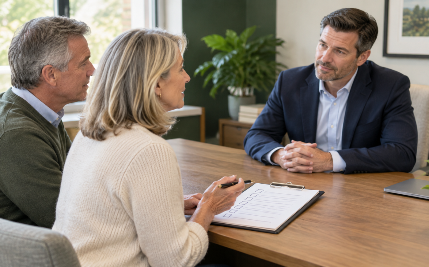 Couple discussing financial planning questions with an advisor, with an interview checklist on the desk.