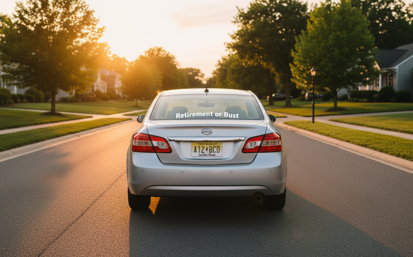 NJ licensed plate car driving through subdivision in Marlton, NJ towards a sunset with a "Retirement or Bust" bumper sticker