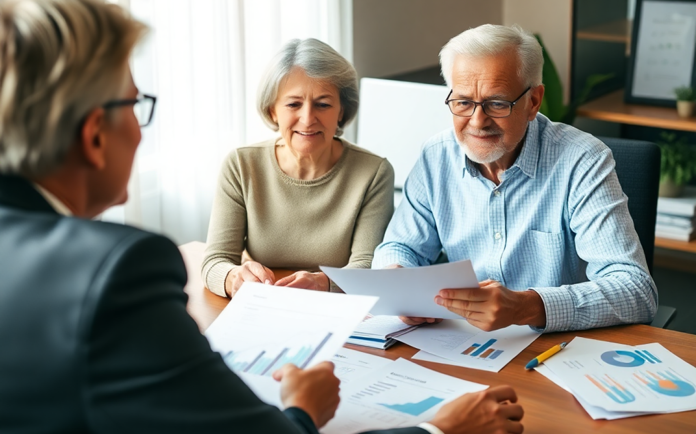 Senior couple reviewing retirement plans with a financial advisor.
