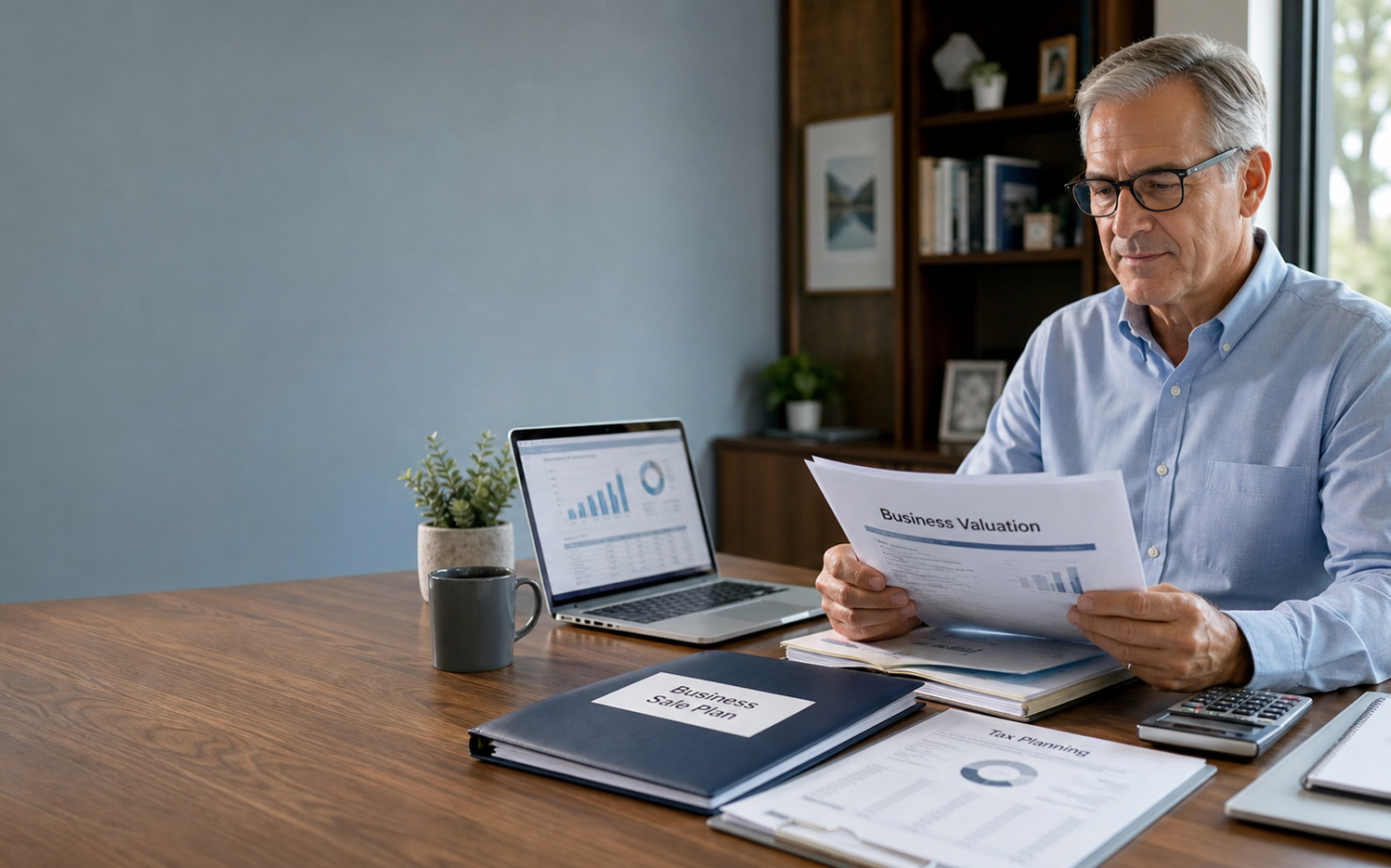 Landscape image of a small business owner reviewing business valuation, tax planning, and retirement strategy documents, illustrating how to prepare for selling a small business.