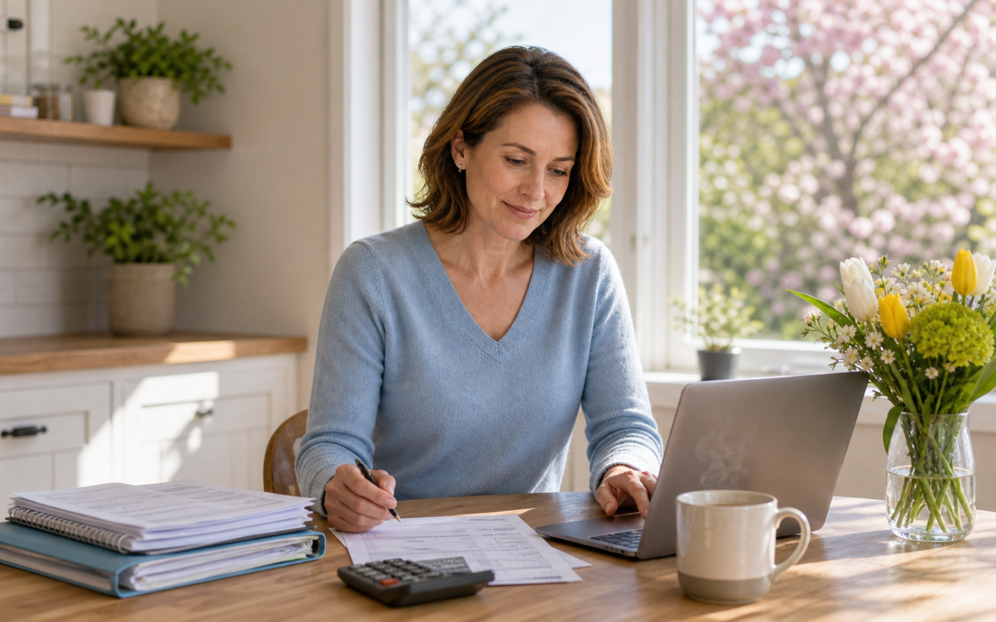 A person in a bright, tidy spring kitchen sits at a table with a laptop open with organized financial papers and a coffee mug, while flowering trees are visible through the window, suggesting spring cleaning and getting finances organized at home.