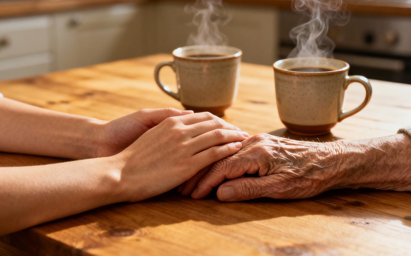Young adult’s hands rests gently on top of an older parent’s hands on a kitchen table, symbolizing support and care. 