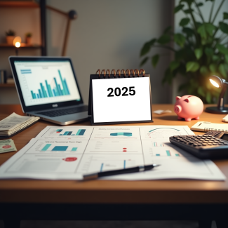 desk with piggy bank, 2025 calendar, laptop, calculator, pen, and stock graphs