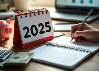 2025 calendar with money, calculator, notepad, and laptop in background