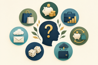  Illustration of seven money personalities surrounding a head silhouette, representing saving, spending, earning, indifference, splurging, gambling, and financial worry.