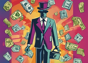 Man in suit with briefcase surrounded by money floating around him.
