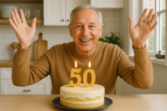 Man celebrates behind a birthday cake with "50" candles, symbolizing the start of important retirement planning milestones.