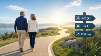Couple holding hands on a sunset shoreline, walking past a wooden post with three directional arrows labeled 401(k), IRA, and Rollover.