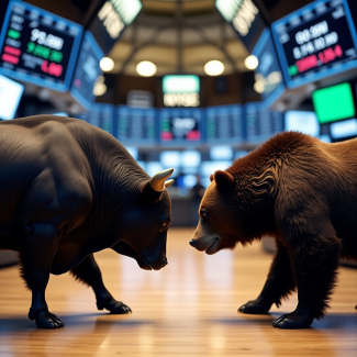 bull and bear facing off in New York Stock Exchange