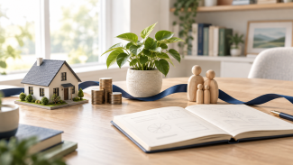 Comprehensive financial planning concept with a model home, family figurines, savings, and a growing plant connected on a desk.