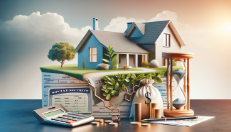 graphic image of a house on a hill behind images of a bag of money, calculator, hourglass, and social security card