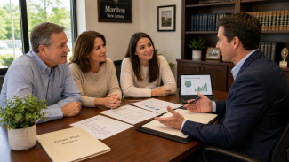 Middle-aged couple and adult daughter reviewing their estate plan with a financial planner in a modern South Jersey office, illustrating coordinated estate and financial planning.