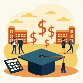 digital image of a graduation cap in front of students and college buildings