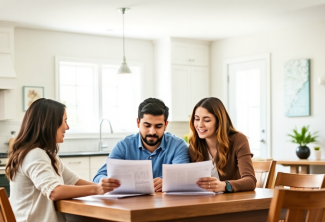 A professional, warm scene of a young couple sitting at a kitchen table in a modern Marlton, NJ home, reviewing financial documents with a Certified Financial Planner. 