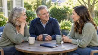 Parents nearing retirement talk with their adult daughter on a patio, illustrating family financial support and retirement planning.