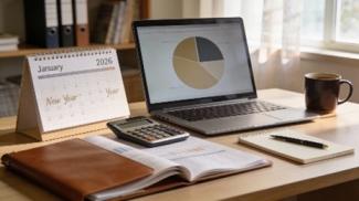 home office desk with computer showing oie chart, calendar, calculator and notebook for creating 2026 financial resolutions