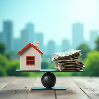 balanced scale of a house model and a stack of money and investment documents