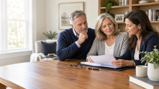 Couple reviewing estate planning documents with an adult daughter while choosing an executor for their will.