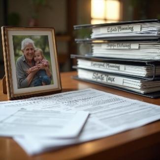 desk displaying inheritance tax planning documents and a framed photo of a grandparent with grandchild, symbolizing legacy planning across generations