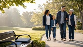 A multigenerational family walking in a sunny suburban park, representing life insurance planning, family protection, and long-term financial security.