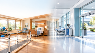 Split image of hospital and rehabilitation care settings for Medicare planning.