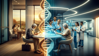 digital image of senior citizens at home on left and medical personnel at clinic on right