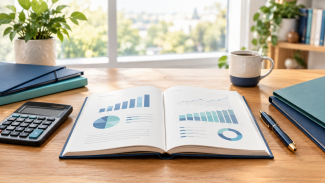 Financial planning notebook, calculator, and folders on an office desk, illustrating financial advisor fees and planning options.