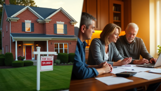 NJ Home with For Sale Sign; Inside Couple Review Documents