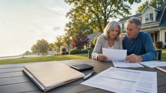 A mature couple reviews property-tax and retirement-planning documents at an outdoor table beside a well-maintained South Jersey suburban home. The image includes a calculator, pen, and financial paperwork.